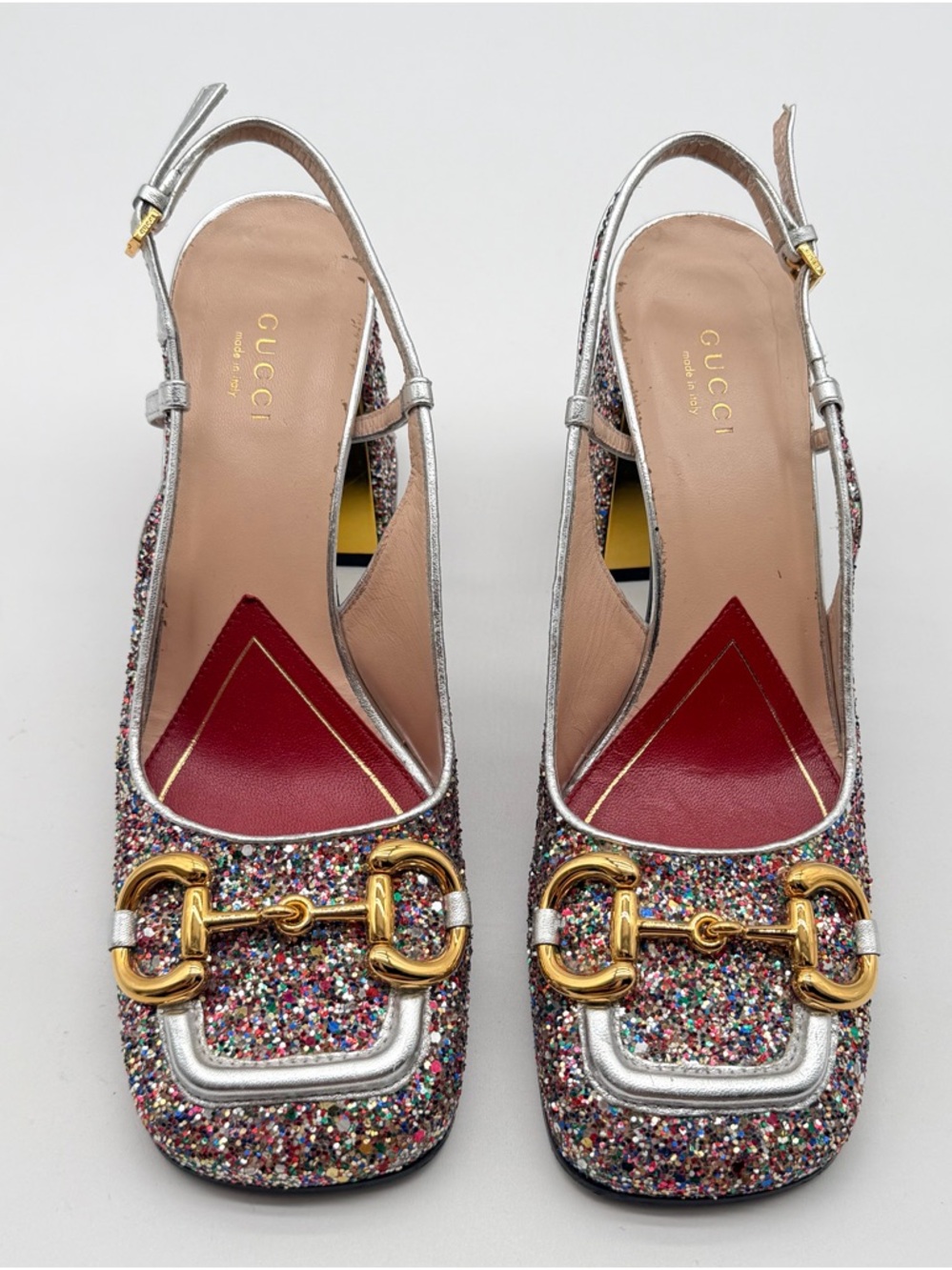 Gucci Baby Horsebit Multicolor Glittered Leather Slingback Block Heel Pumps EU38 - Picture 2 of 14